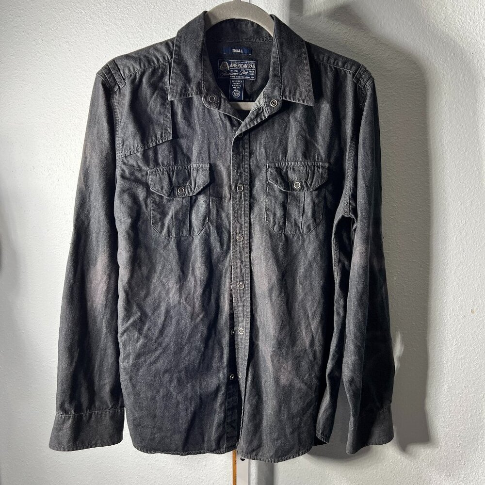 American Rag Distressed 100% Cotton Black Snap Button Long-Sleeve SZ Sm